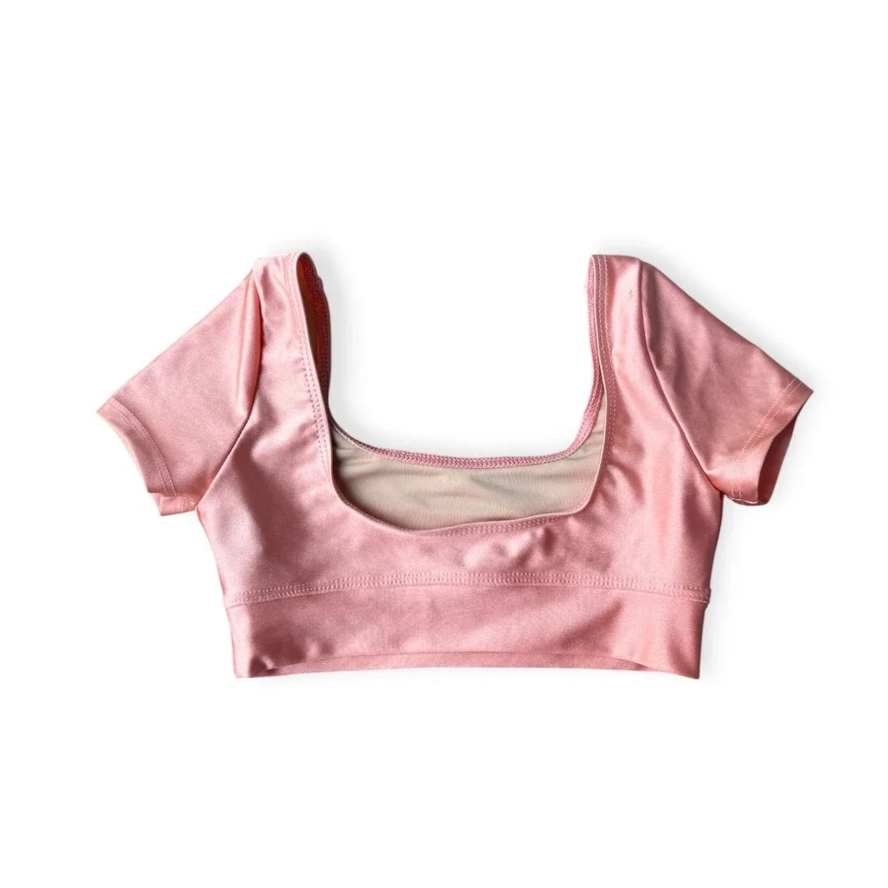 Kandi Kouture Girls Pink Shimmer Dance Crop Top Short Sleeve Size CM 5/6